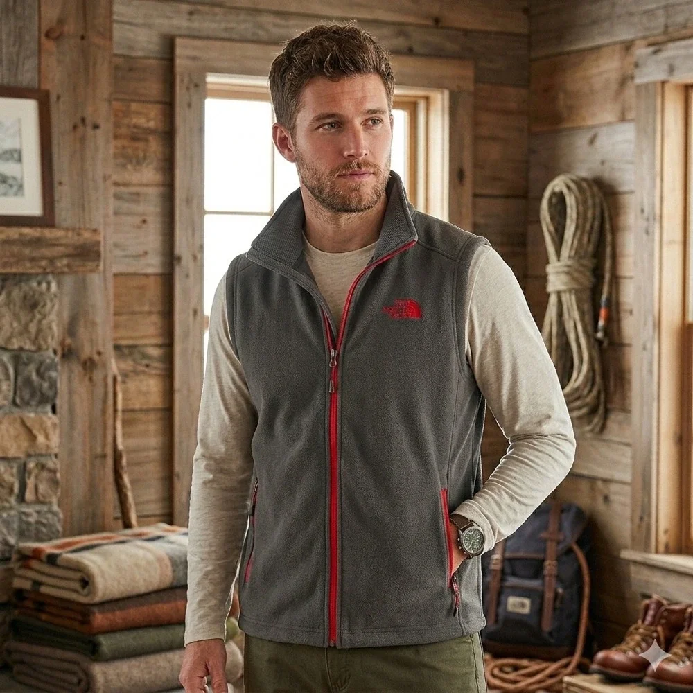 The North Face Full-Zip Fleece Vest Charcoal Gray Red Gorpcore Casual Outdoor XL